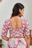 Blush Pink Floral Printed Saree with Maroon Tie-Dye Blouse