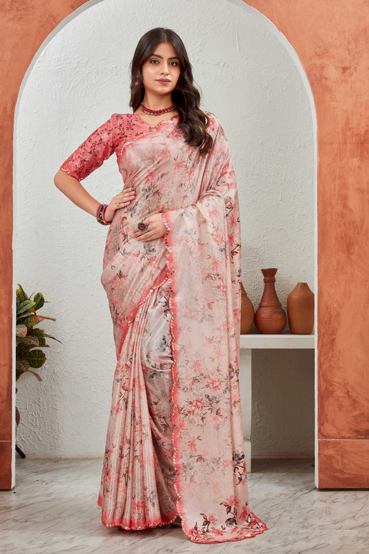 Blush Pink Floral Satin Saree with Pearl Border & Designer Blouse