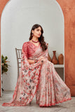 Blush Pink Floral Satin Saree with Pearl Border & Designer Blouse