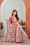 Blush Pink Floral Satin Saree with Pearl Border & Designer Blouse