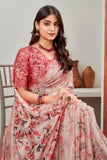 Blush Pink Floral Satin Saree with Pearl Border & Designer Blouse