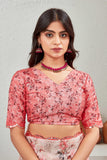 Blush Pink Floral Satin Saree with Pearl Border & Designer Blouse