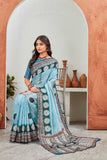 Sky Blue Satin Saree with Traditional Circular Motif Print & Matching Blouse