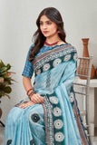 Sky Blue Satin Saree with Traditional Circular Motif Print & Matching Blouse