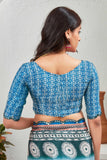 Sky Blue Satin Saree with Traditional Circular Motif Print & Matching Blouse