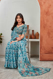 Teal Blue Printed Satin Saree with Geometric Pallu & Matching Blouse