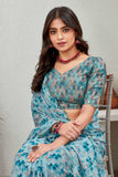 Teal Blue Printed Satin Saree with Geometric Pallu & Matching Blouse