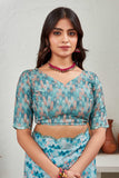 Teal Blue Printed Satin Saree with Geometric Pallu & Matching Blouse