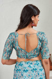 Teal Blue Printed Satin Saree with Geometric Pallu & Matching Blouse