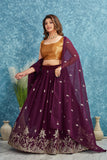 Wine Embroidered Lehenga with Mustard Yellow Blouse Festive Ethnic Wear