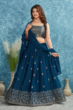 Elegant Teal Blue Lehenga with Silver Embroidered Blouse and Dupatta