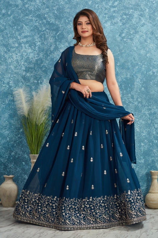 Elegant Teal Blue Lehenga with Silver Embroidered Blouse and Dupatta