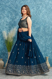 Elegant Teal Blue Lehenga with Silver Embroidered Blouse and Dupatta