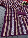 Wine Sequin Striped Saree Elegant Partywear Georgette Saree