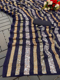 Navy Blue Sequin Striped Saree Elegant Party Wear Georgette Saree