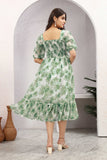 Green Floral Smocked Midi Dress with Puff Sleeves – Meadow Mist Edition
