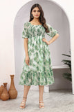 Green Floral Smocked Midi Dress with Puff Sleeves – Meadow Mist Edition