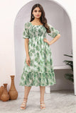 Green Floral Smocked Midi Dress with Puff Sleeves – Meadow Mist Edition
