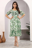 Green Floral Smocked Midi Dress with Puff Sleeves – Meadow Mist Edition