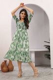 Green Floral Smocked Midi Dress with Puff Sleeves – Meadow Mist Edition