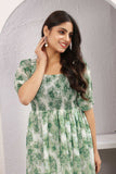 Green Floral Smocked Midi Dress with Puff Sleeves – Meadow Mist Edition