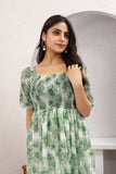 Green Floral Smocked Midi Dress with Puff Sleeves – Meadow Mist Edition