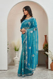 Petrol Blue Organza Saree with Floral Embroidered Border Premium Ethnic Wear