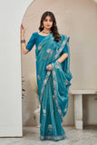 Petrol Blue Organza Saree with Floral Embroidered Border Premium Ethnic Wear