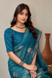 Petrol Blue Organza Saree with Floral Embroidered Border Premium Ethnic Wear