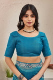 Petrol Blue Organza Saree with Floral Embroidered Border Premium Ethnic Wear