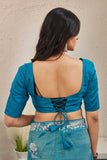 Petrol Blue Organza Saree with Floral Embroidered Border Premium Ethnic Wear