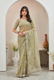 Woman wearing a light green saree with a floral border in an indoor setting Glanzavi.