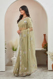Elegant Pista Green Organza Saree with Embroidered Floral Border