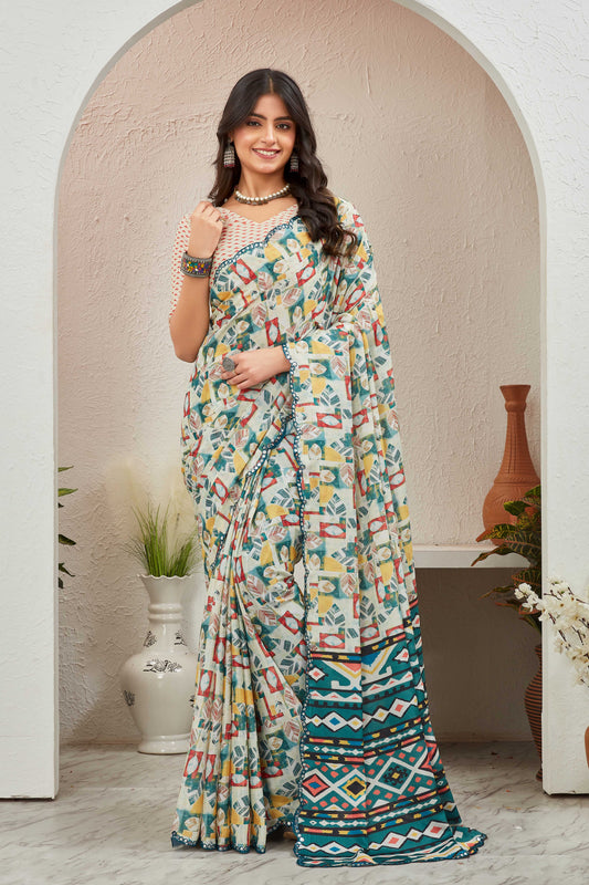 Vibrant Multicolor Leaf Print Saree with Ethnic Geometric Pallu & Blouse