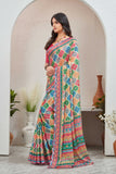 Multicolor Block Print Saree with Vibrant Border & Red Blouse