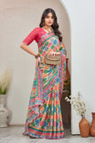 Multicolor Block Print Saree with Vibrant Border & Red Blouse