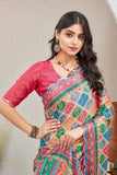 Multicolor Block Print Saree with Vibrant Border & Red Blouse