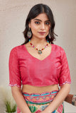 Multicolor Block Print Saree with Vibrant Border & Red Blouse