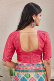 Multicolor Block Print Saree with Vibrant Border & Red Blouse