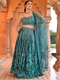 Inaya Teal Floral Printed Lehenga Set with Spaghetti Strap Blouse