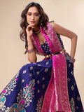 Blue & Pink Banarasi Silk Lehenga Set with Brocade Blouse