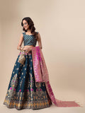 Teal & Pink Banarasi Silk Lehenga Set with Brocade Blouse