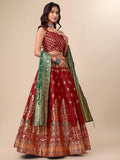 Maroon & Green Banarasi Silk Lehenga Set with Brocade Blouse