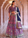 Elegant Pink Brocade Lehenga with Designer Blouse & Navy Dupatta