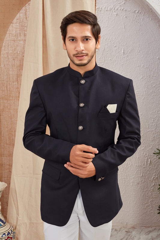 Men's Indian Ethnic Solid Mandarin Collar Bandhgala Jodhpuri Blazer Elegant Formal Wear