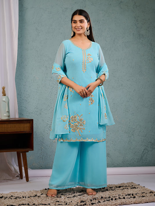Indian Pakistani Elegant Sky Blue Georgette Embroidered Suit Ready To Wear Dress