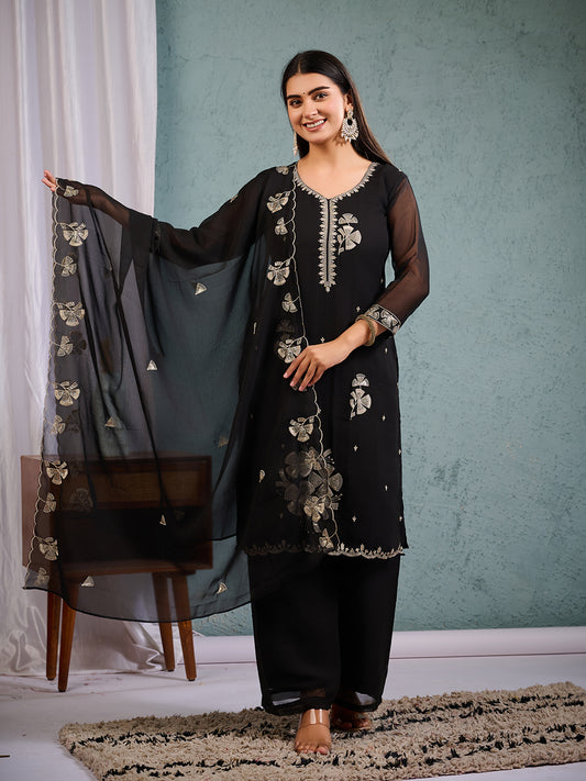Indian Pakistani Elegant Black Georgette Embroidered Suit Ready To Wear Dress