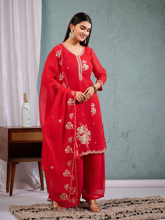 Indian Pakistani Elegant Red Georgette Embroidered Suit Ready To Wear Dress