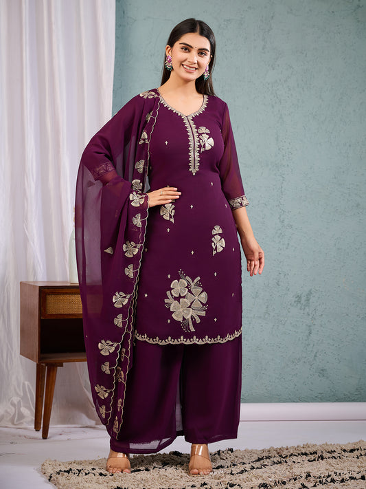 Indian Pakistani Elegant Wine Georgette Embroidered Suit Ready To Wear Dress