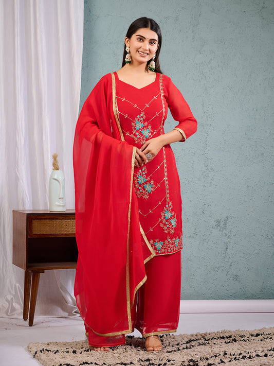 Indian Pakistani Elegant Red Georgette Embroidered Salwar Suit Ready To Wear Dress